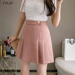 High Waist Women Mini Pleated Skirt Casual Spring Summer Female Singel Button Short s Ins Ladies Black Pink 210430