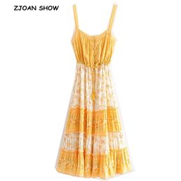 Bohemian Yellow Cherry Blossom Flower Print Spaghetti Strap Dress Ethnic Woman Adjustable Lacing up Sling Dresses Beach 210429