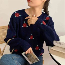 Women Sweater Korean Tops Autumn Winter Knitted Pullovers Retro Long Sleeve Soft Loose Jumper Pull Embroidery Sweter Damski 210514