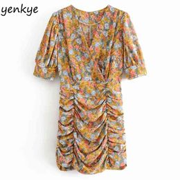 Sexy Draped Package Hip Bodycon Mini Dress Women Short Sleeve V Neck Vintage Floral Print Plus Size Holiday Summer 210514