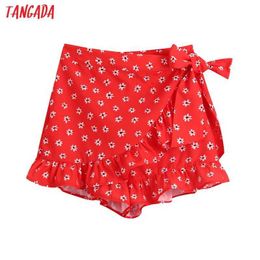 Tangada Women Fashion Red Floral Print Ruffled Shorts Skirts Vintage High Waist Back Zipper Female Skirts Mujer BE935 210609