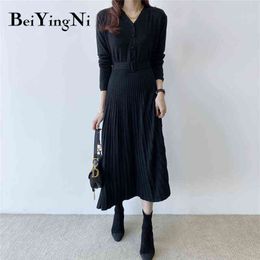 Beiyingni Autumn Winter Sweater Dress Women Solid Belted Vintage Korean Pleated Midi Knit Dress Female Buttons V-neck Dresses Y1204