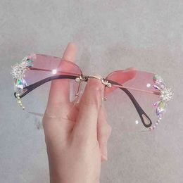 2022 Luxury Brand Design Vintage Rimless Rhinestone Sunglasses Women Fashion Gradient Lens Sun Glasses Shades for Female UV400