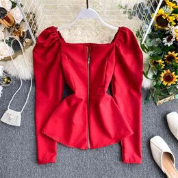 Women's Short Shirt Tops Retro Square Collar Zipper Coat Slim Fit Ruffles Swing Waist Wild Puff Sleeve ML572 210506