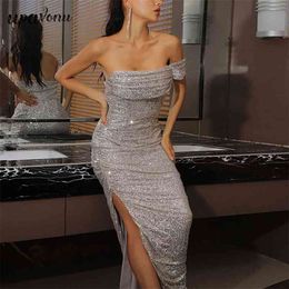 Free Sexy One Shoulder Short Sleeve Maxi Dress Shiny Sequin Bodycon Split Celebrity Christmas Party Vestido 210524