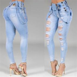 Women Jeans High Waisted Straight Skinny Stretchy Pant Streetwear Ladies Hole Washed Bandage Denim Pencil Pants Trousers 210629