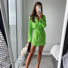 Summer Shirt Dress Women Long Sleeves Casual Fashion Chic Lady Light Green Short Dress Za Women 210709