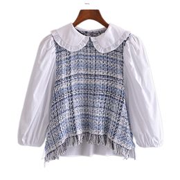 Fashion Patchwork Crop Blouses Shirt Women Sweet Peter pan Collar Female Shirts Chic Tops Ladies Casual Clothing 210430
