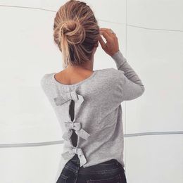 Back Hollow Out Bow Sweet T Shirts Women Long Sleeve Stripe Tee Shirt Femme Casual O-Neck Slim T-Shirts Autumn Pullover Top Lady 210507