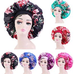 Large Floral Print Satin Silk Women Turban Bonnet Sleep Cap Elastic Wide Band Head Wrap Hair Care African Ladies Night Hat Cover