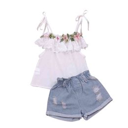 2-7Y Toddler Baby Girl Clothing Cute 3D Flower Lace Colloar Sleeveless White Top Vest+Denim Shorts Sumemr Fashion 2pcs Set G220217