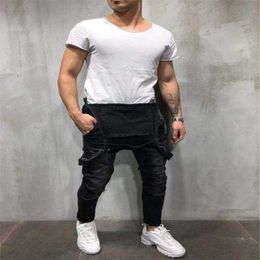 Men's Pants Large Size Overalls With Holes Micro-Elastic Blue And Black Fit Casual Fashion Fit Tight Midwaist Jeans X0621