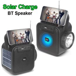 Solar Charge BT Wireless Speaker with FM Radio Antenna LED Flashlight Phone Holder Handle Portable Stereo Hifi Soundbox Outdoor Loudspeaker