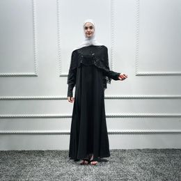 Abaya Negro Ala de Murciélago Oro Bordado Abierto Dubai KIMONO Caftán Con Bufanda De Ancho