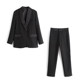 Vintage Elegant Women Black Pant Suits Fashion Pockets Single Button Notched Blazers Zipper Fly Straight Long Pants Chic Suits 210520