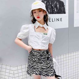 Fashion Clothes Set for Kids Girls Turn Down Collar White Blouse and Mini Leopard Skirts Puff Sleeve Shirts School Girl Outfit 210622