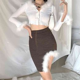 Women Winter Sexy Irregular Slit Skirt Plush Patchwork High Waist Mini Bandage Slim And Long Sleeve Top Streetwear Clothes 210517