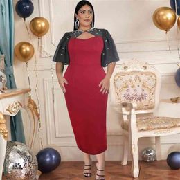 Colour Block Dresses Plus Size 4XL 5XL Women Beads Short Lantern Sleeve Bodycon Evening Birthday Party Event Occasion Robe Summer 210527