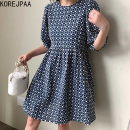 Korejpaa Women Dress Summer Korean Chic Western Style Age-Reducing Embroidered Back Button Five-Point Puff Sleeve Vestidos 210526