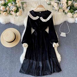 Women Fashion Retro Velvet Black Dress Sweet Lace Big Lapel Slim Ruffle Long Sleeve Elegant Vestidos R030 210527