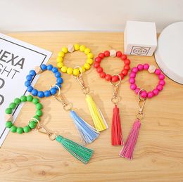 5 Colours Fashion Pure Colour Pattern Wood Beads Bracelets Keychains Wrap Tassels Bracelet Keychain Round Bangle Keyring By DHL