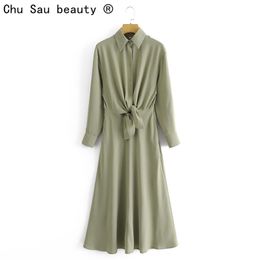 fashion simple autumn winter woman gray-green lace-up long-sleeved chiffon shirt casual long midi dresses 210508