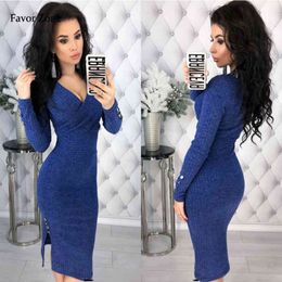 Women Dress Elegant Deep V-neck Bodycon Vintage Office Dress Autumn Winter Long Sleeve Sexy Midi Party Dresses Plus Size XXXL X0521