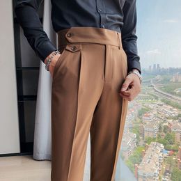 Vintage England Elegant Mens Slim Fit Suit Pants Gentleman Retro British Style Social Pants Men White Office Trousers Work Dress 220212