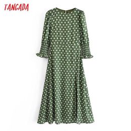 Tangada Summer Women Dots Print French Style Dress Puff Sleeve Ladies Midi Dress Vestidos 6M27 210609