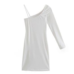 Summer Women Asymmetry One Shoulder White Mini Dress Female Long Sleeve Clothes Casual Lady Slim Vestido D7686 210430