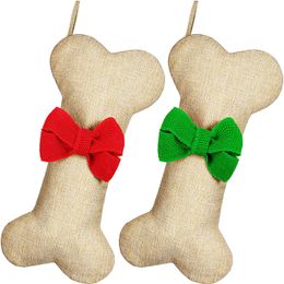 Sublimation Dog Bone Christmas Stockings Pet Burlap Sock with Bowknot Fireplace Xmas Tree Hanging Decoration