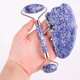 Natural Sodalite Gua Sha Tool Facial Roller Set Massage Neck Eye Face Lifting Slimming Anti Wrinkle Cellulite Healing Health Body Massager