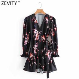 Zevity Women Vintage Cross V Neck Printing Lace Up Kimono Mini Dress Female Hem Irregular Ruffles Casual Slim Vestido DS4852 210603