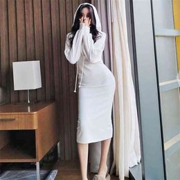 winter knitting hooded korean ladies causal long Sleeve office white tight party dress for women china clothing 210602