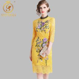 Yellow Lace Dress Summer Women's Elegant Embroidered Flowers Office Casual Slim Sexy Party Dresses Vestidos 210520