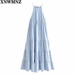 women Vintage linen blend midi dress Woman straps halter neck with ruffle trim elastic waistband robe Chic dresses 210520