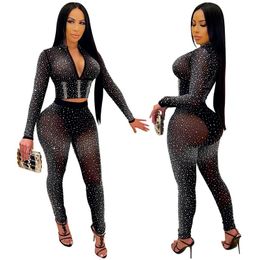 Women's Two Piece Pants Simple Pure All Black O Neck Long Sleeve Bro And Sexy Tight Club Party Lady Fashion Tracksuits