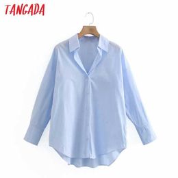 Tangada Women Fashion Blue Casual Loose Shirts Lady Long Sleeve Business Blouse Chic Female Blusas Tops XN322 210609