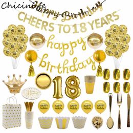 Party Decoration Chicinlife Gold Theme 18th Birthday Paper Cups Plates Balloon Ribbon Belt 18 Years Old Banner Supplies