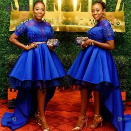 Royel Mavi Yüksek Düşük Mezuniyet Elbiseleri Jewel Boyun Kısa Kollu Kadın Balo Abiye Custom Made Özel Durum Giyim