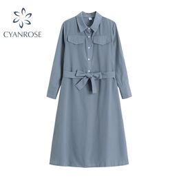 Elegant Vintage Pockets Design Women's Cotton Shirt Dress Summer High Waist Frenulum A-Line Long Ladies Office 210515