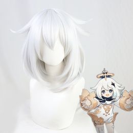 Genshin Impact Paimon Cosplay Costume Accessories Wig Short White Heat Resistant Synthetic Hair Halloween Party Free Wig Cap