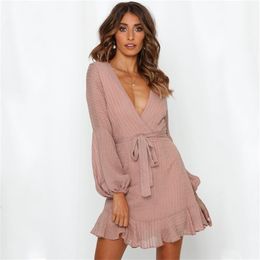 solid striped dress women winter ruffle short see through tulle sleeve elegant ladies autumn belt 210427