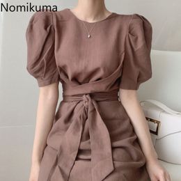 Nomikuma Woman Dress Bow Bandage Slim Waist Elegant Dresses Puff Short Sleeve O-neck Korean Chic Solid Vestido De Mujer 6G558 210427