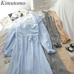 Kimutomo Vintage French Style Dresses Women Square Collar Flare Sleeve Slim Waist Lace Patchwork Vestidos Elegant Spring 210521