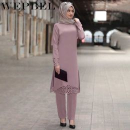 WEPBEL Muslim Women 2 Piece Set Outfits Arab Dubai Ramadan Islamic Clothing Long Sleeve Solid Robe Two Piece Set Top and Pants Y0625