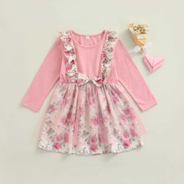 Little Girls Autumn Dress Toddlers Sweet Style Floral Printing Mesh Splicing Round Collar Long Sleeve Bow Princess Skirt G1026