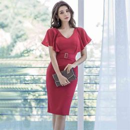 Summer red tight Dresss korean ladies Sexy ruffle cabaret club bodycon office party Dresses for women 210602