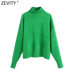 Zevity Women Simply Mock Neck Solid Green Colour Casual Knitting Sweater Female Chic Basic Long Sleeve Pullovers Brand Tops SW900 210922