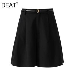 [DEAT] Summer Fashion Short Pants Black High Waist Solid Colour Chain Sashes Loose Casual Women Shorts 13C839 210527